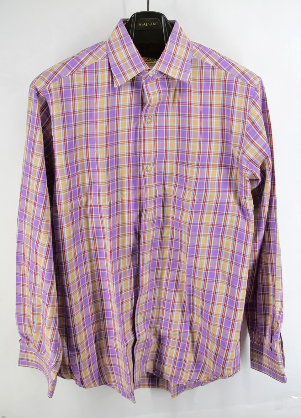 Paul Stuart Shirt Mens Medium Purple Red Plaid Button Down Made in Italy